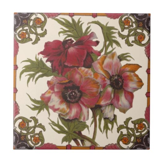 Uitstekende Antiek papavers c1890 Warm Colors Repr Tegeltje (Voorkant)