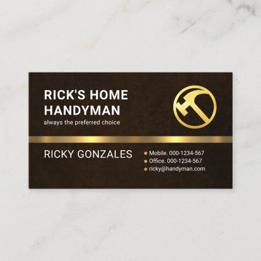 Uitstekende Bruine Grunge Gouden Handyman Hammer Visitekaartje (Voorkant)