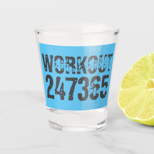 Uitstekende en gekraste tekst Werkout 247365 blauw Shot Glas (Voorkant)