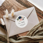 Uitstekende Herfst Floral Love & Bedankt Wedding Ronde Sticker<br><div class="desc">Deze voortreffelijke herfst bloemliefde en bedankt bruiloft klassieke sticker is perfect voor een tropische bruiloft. Het ontwerp toont handgetekende roze blozen,  donkerblauw en marineuze witte bloemen,  inspirerende elegantie,  klasse en natuurlijke schoonheid.</div>