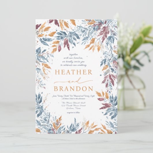 Uitstekende Herfst Waterverf verlaat bruiloft Kaart (Staand voorkant)