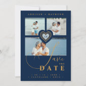 Uitstekende Kant Goud & Navy Blue 3 Multi Foto's Save The Date (Voorkant)