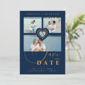 Uitstekende Kant Goud & Navy Blue 3 Multi Foto's Save The Date (Staand voorkant)