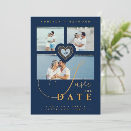 Uitstekende Kant Goud & Navy Blue 3 Multi Foto's Save The Date (Staand voorkant)
