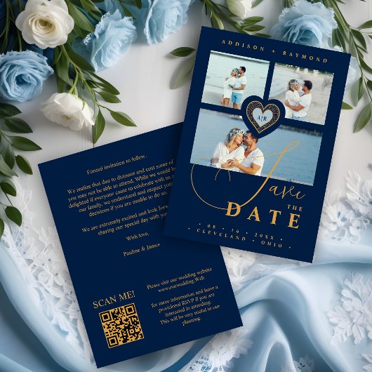 Uitstekende Kant Goud & Navy Blue 3 Multi Foto's Save The Date