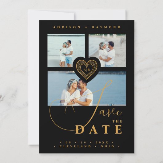 Uitstekende Kant Goud & Zwart 3 Multi Foto's Save The Date (Voorkant)