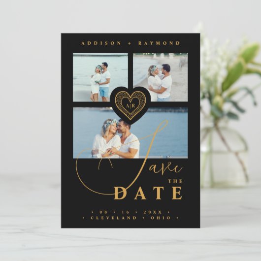 Uitstekende Kant Goud & Zwart 3 Multi Foto's Save The Date (Staand voorkant)