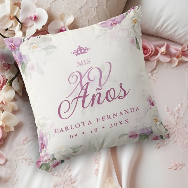 Uitstekende Mis XV Años Spaanse Bloemenorchidee Po Kussen (Romantic Exquisite Mis XV Años Spanish Floral Orchids Bouquets in Pink shades Throw Pillow. )
