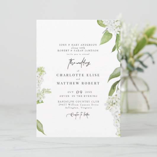 Uitstekende moderne witte bloemenbruiloft kaart (Staand voorkant)