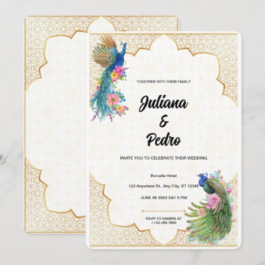 Uitstekende pauw thema bruiloft uitnodiging (Voorkant / Achterkant)