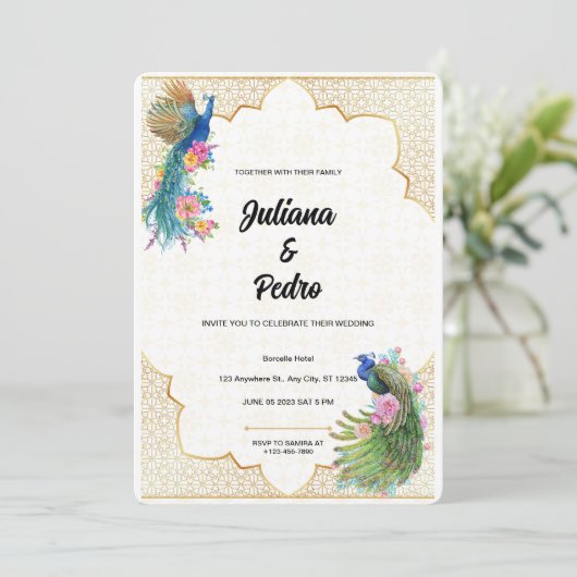 Uitstekende pauw thema bruiloft uitnodiging (Staand voorkant)