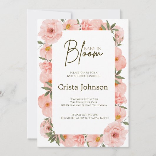 Uitstekende Perzik Bloemen Baby shower Uitnodiging (Voorkant)