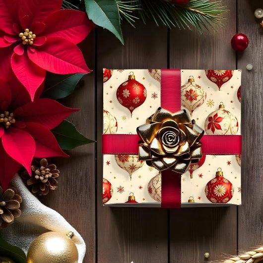 Uitstekende  rode en gouden kerstversieringen cadeaupapier