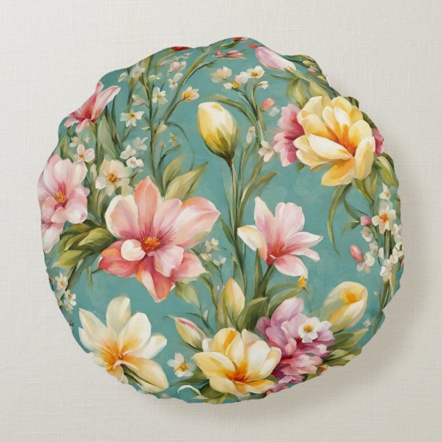 Uitstekende roze, gele Magnolia met witte bloemen Rond Kussen (Achterkant)