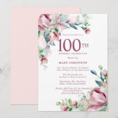 Uitstekende roze roos bloemig 100e verjaardag kaart (Voorkant / Achterkant)
