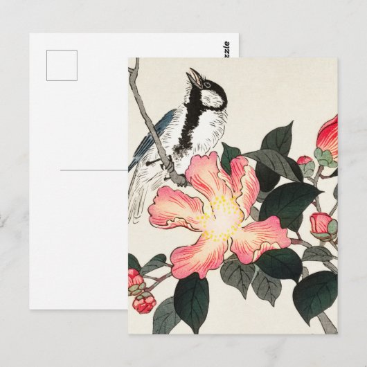 Uitstekende tit op aftakking met roze bloemen schi briefkaart (Voorkant / Achterkant)