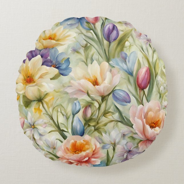 Uitstekende verfijnde lentebloemen. Schilderen Rond Kussen (Voorkant)