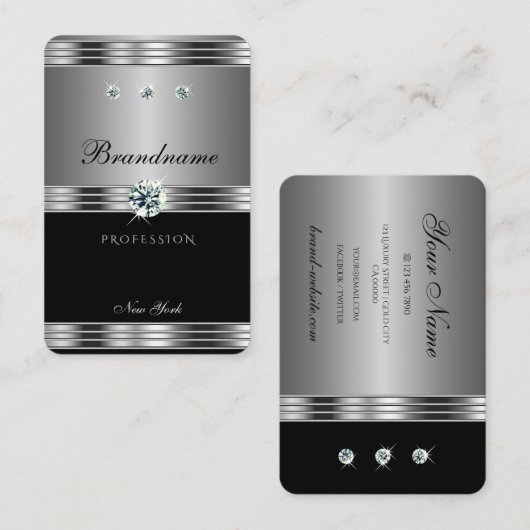 Uitstekende zilveren zwarte mousserende diamanten visitekaartje (Voorkant / Achterkant)