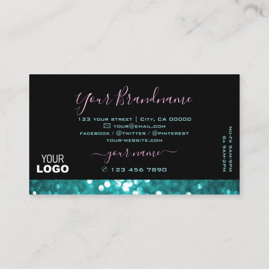 Uitstekende zwarte Blauwgroen mousserende glitter  Visitekaartje (Achterkant)