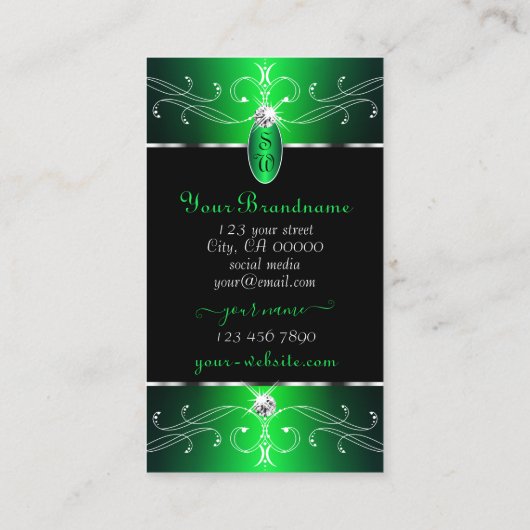 Uitstekende zwarte groene  Ornamenten Monogram Visitekaartje (Achterkant)