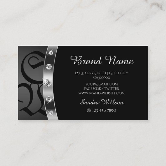 Uitstekende zwarte zilver met Monogram Diamonds Visitekaartje (Achterkant)