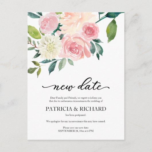 Uitstel bruiloft bloemendecor nieuwe datum briefkaart (Voorkant)