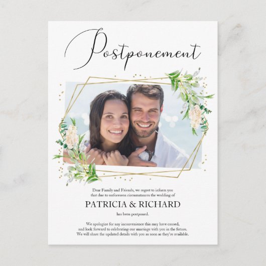 Uitstel Bruiloft Groene Foto Aankondiging Briefkaart (Voorkant)