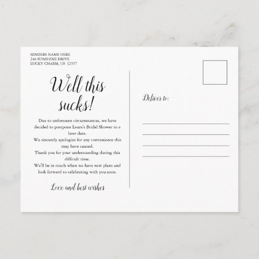 Uitstel Bruiloft Uitgestelde Citroen Bruidsfeest Aankondigingskaart (Achterkant)