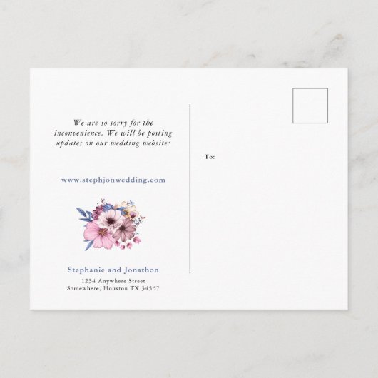 Uitstel Bruiloft Veiligheid Eerst COVID Bloemen Aankondigingskaart (Achterkant)