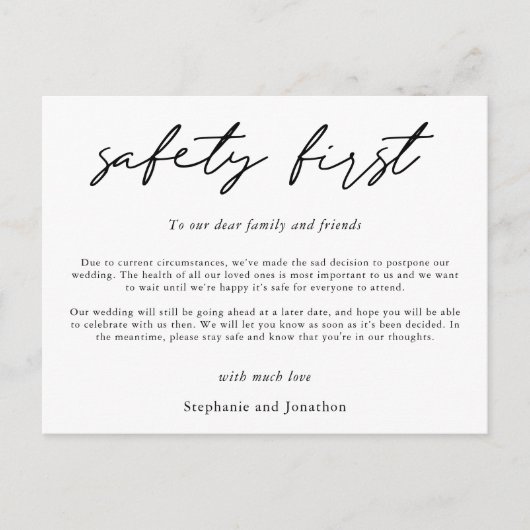 Uitstel Bruiloft Veiligheid Eerst COVID Script Aankondigingskaart (Voorkant)