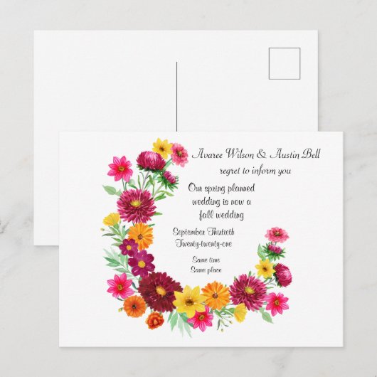 Uitstel van bruiloft in lente naar herfst aankondigingskaart (Voorkant / Achterkant)