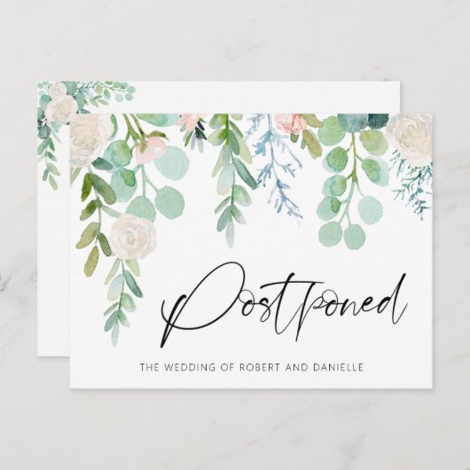Uitstel van de bruiloft Aquarel Bloemige Groene Ti Aankondigingskaart (Voorkant / Achterkant)