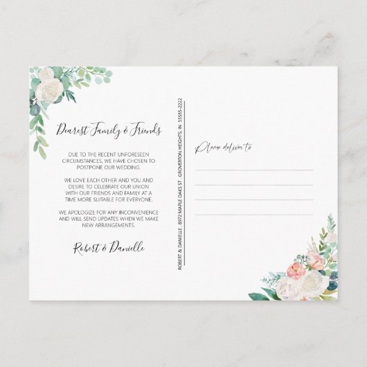 Uitstel van de bruiloft Aquarel Bloemige Groene Ti Aankondigingskaart (Achterkant)