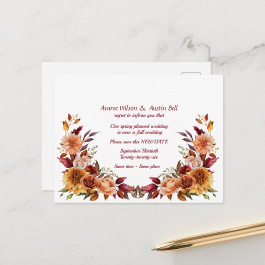 Uitstel van de bruiloft herfstkleuren aankondigingskaart (Voorkant / Achterkant in situ)