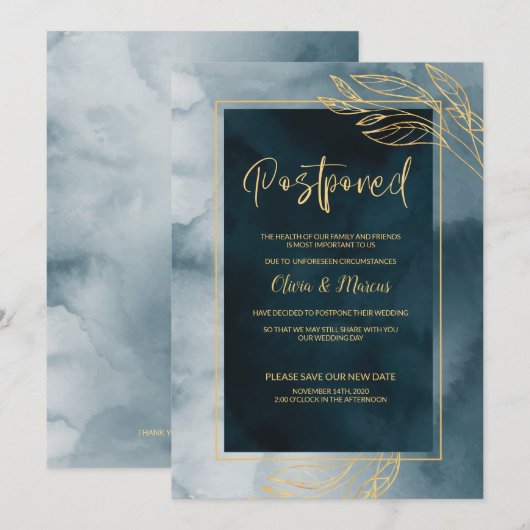 Uitstel van de bruiloft Navy en Goud Waterverf Kaart (Voorkant / Achterkant)