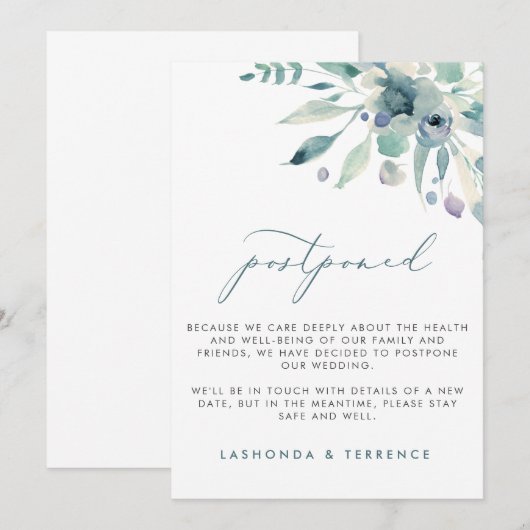 Uitstel van de delicate blauwe bloemige bruiloft aankondiging (Voorkant / Achterkant)