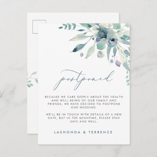 Uitstel van delicate blauwe bloemige bruiloft aankondigingskaart (Voorkant / Achterkant)