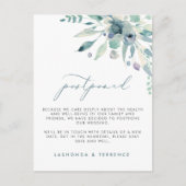 Uitstel van delicate blauwe bloemige bruiloft aankondigingskaart (Voorkant)