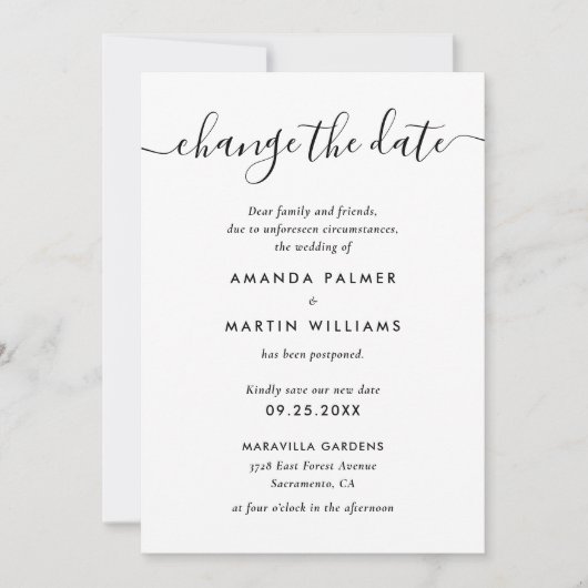 Uitstel van moderne zwarte en witte bruiloft aankondiging (Voorkant)