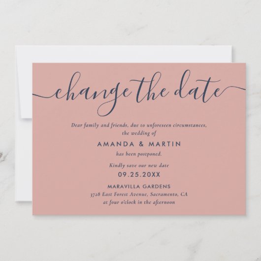 Uitstel van Trouwen in Navy Blauw en Blush Aankondiging (Voorkant)