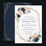 Uitstel van trouwkaart met marineblauw en blozende kaart<br><div class="desc">Een marineblauw en blozend bloemendesign met waterverf bloemen. De tekst en kleuren kunnen worden gepersonaliseerd.</div>