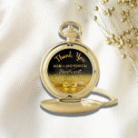 Uittredingsapotheker zwarte gouden boog bedankt zakhorloge<br><div class="desc">Elegant,  klassiek,  glamoureus en vrouwelijk. Een cadeau voor een gepensioneerde vrouw apotheker. Een faux goud gekleurde strik en lint,  een beetje bling en luxe. Zwarte achtergrond. Met de tekst: Dank U,  sjablonen voor een naam en beroep,  beroep.</div>