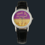 Uittredingsleraar paarse goudbok bedankt horloge<br><div class="desc">Elegant,  klassiek,  glamoureus en vrouwelijk. Een geschenk voor een gepensioneerde leraar vrouw. Een faux goudkleurige boog en lint met gouden glitter en glans,  een beetje verbijsterend en luxe. Paarse achtergrond. Met de tekst: Dank u,  sjablonen voor een naam en een beroep,  beroep.</div>