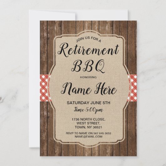 Uittredingspartij nodigt Gingham BBQ Burlap Red ui Kaart (Voorkant)