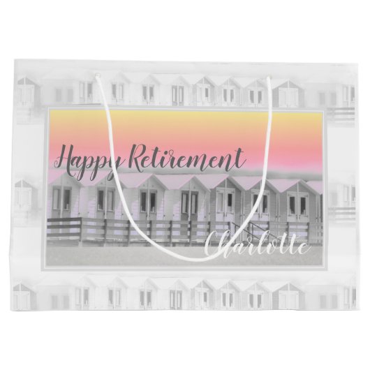 Uittredingsstrandhutten bij een zonsondergang grot groot cadeauzakje (Achterkant)