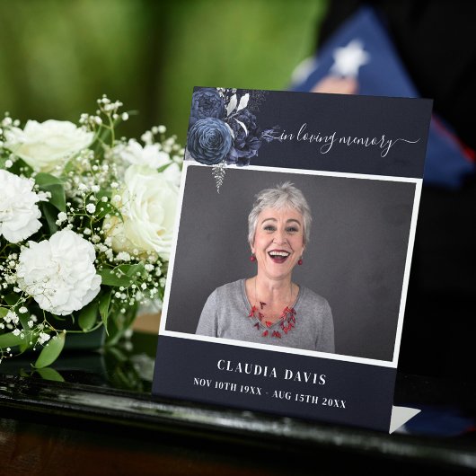 Uitvaart blauwe foto gedenkteken viering van het l reclamebord met voetstuk