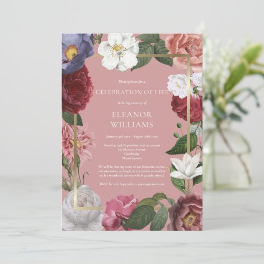 Uitvaart 'Celebration of Life' Roze Roos Bloem Mot Kaart (Staand voorkant)