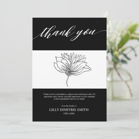 Uitvaart Memorial Black Floral Dank u kaart (Staand voorkant)