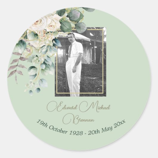 Uitvaart Memorial Man Foto Elegant Roos Bloemen Ronde Sticker (Voorkant)