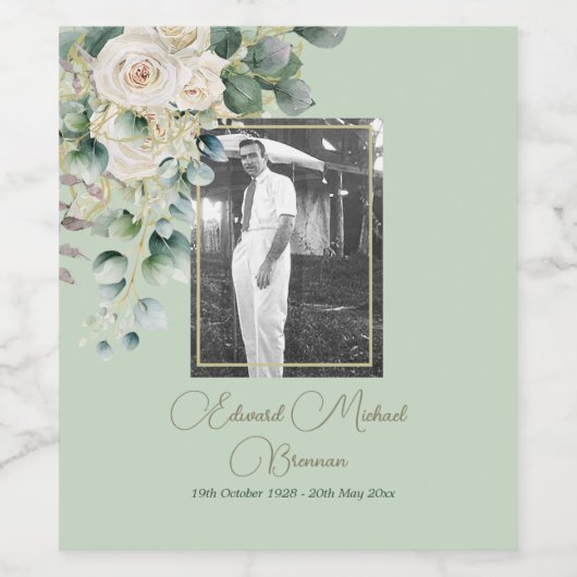 Uitvaart Memorial Man Foto Elegant Roos Bloemen Wijn Etiket (Enkel label)